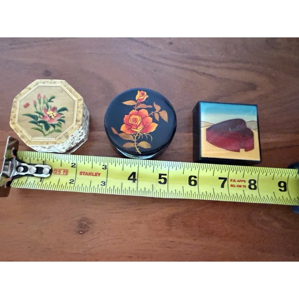 Lot Of 3 Trinket Boxes Art Deco Octagonal Flower , Rises Laquered & HeartJewelry